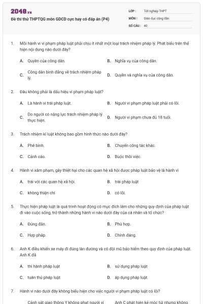 Đề thi thử THPTQG môn GDCD cực hay có đáp án (P4)