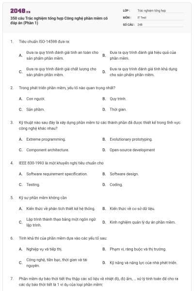 350 câu Trắc nghiệm tổng hợp Công nghệ phần mềm có đáp án (Phần 1)