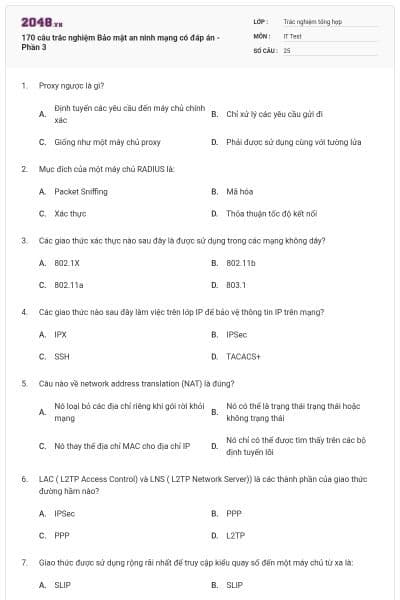 170 câu trắc nghiệm Bảo mật an ninh mạng có đáp án - Phần 3