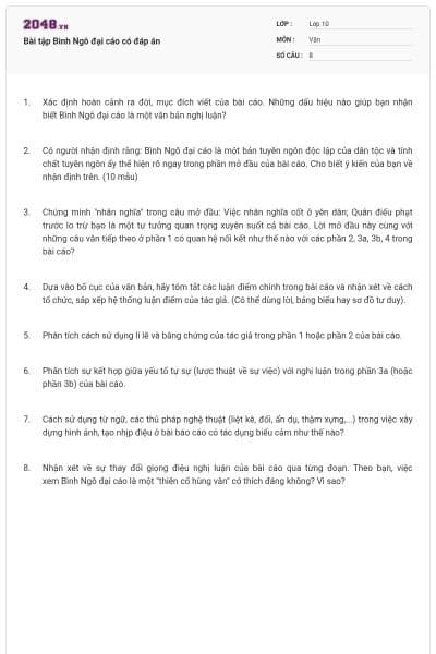 Bài tập Bình Ngô đại cáo có đáp án
