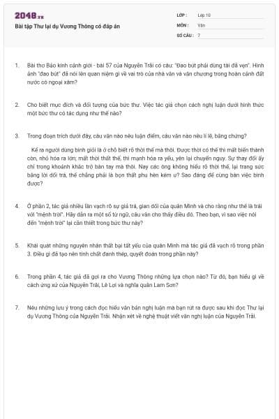 Bài tập Thư lại dụ Vương Thông có đáp án