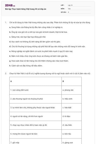 Bài tập Thực hành tiếng Việt trang 44 có đáp án