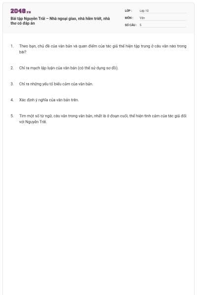 Bài tập Nguyễn Trãi – Nhà ngoại giao, nhà hiền triết, nhà thơ có đáp án