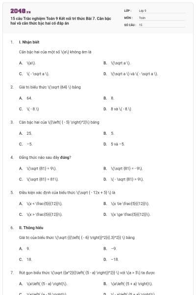 15 câu Trắc nghiệm Toán 9 Kết nối tri thức Bài 7. Căn bậc hai và căn thức bậc hai có đáp án