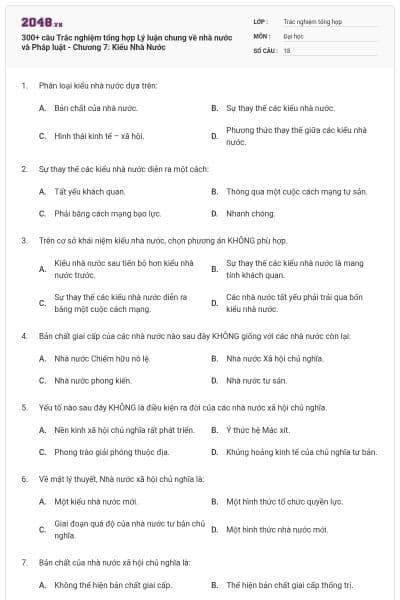 300+ câu Trắc nghiệm tổng hợp Lý luận chung về nhà nước và Pháp luật - Chương 7: Kiểu Nhà Nước