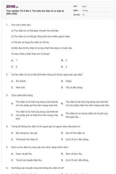 Trắc nghiệm Tin 9 Bài 4. Tìm hiểu thư điện tử có đáp án (Mới nhất)