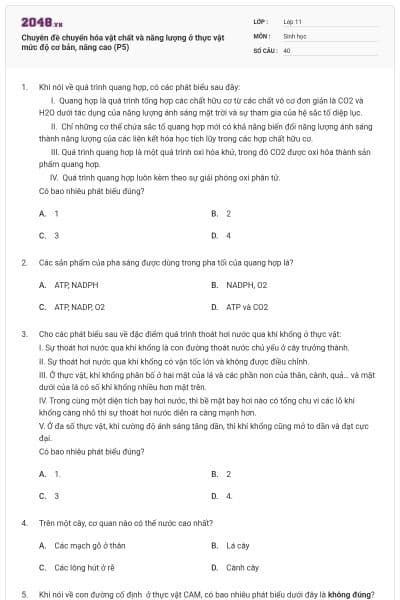 Chuyên đề chuyển hóa vật chất và năng lượng ở thực vật mức độ cơ bản, nâng cao (P5)