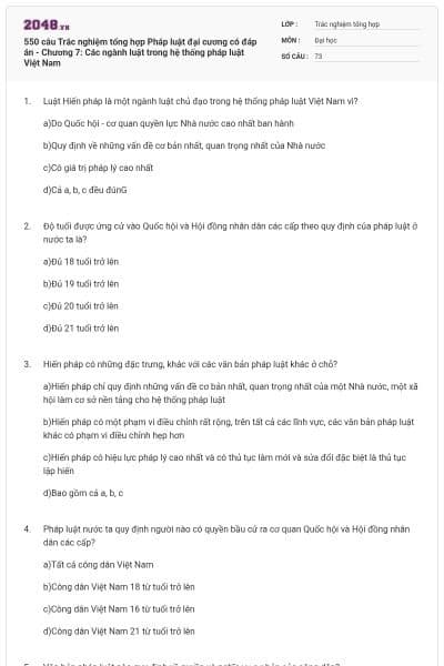 550 câu Trắc nghiệm tổng hợp Pháp luật đại cương có đáp án - Chương 7: Các ngành luật trong hệ thống pháp luật Việt Nam