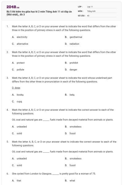 Bộ 5 Đề kiểm tra giữa học kì 2 môn Tiếng Anh 11 có đáp án (Mới nhất)_ đề 3
