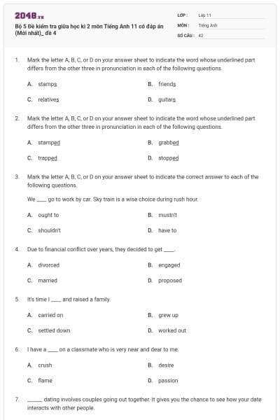 Bộ 5 Đề kiểm tra giữa học kì 2 môn Tiếng Anh 11 có đáp án (Mới nhất)_ đề 4