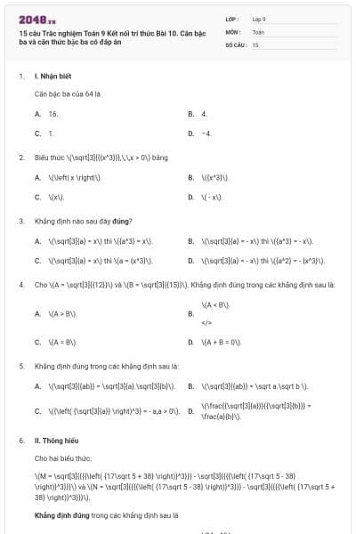 15 câu Trắc nghiệm Toán 9 Kết nối tri thức Bài 10. Căn bậc ba và căn thức bậc ba có đáp án