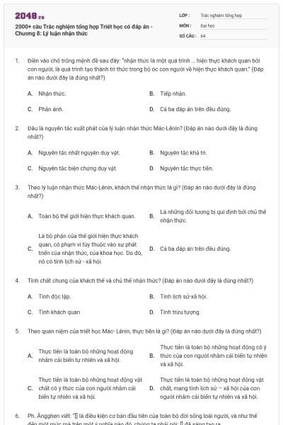 2000+ câu Trắc nghiệm tổng hợp Triết học có đáp án - Chương 8: Lý luận nhận thức