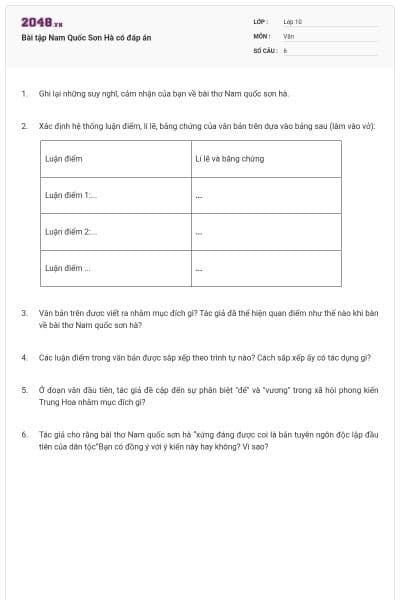 Bài tập Nam Quốc Sơn Hà có đáp án