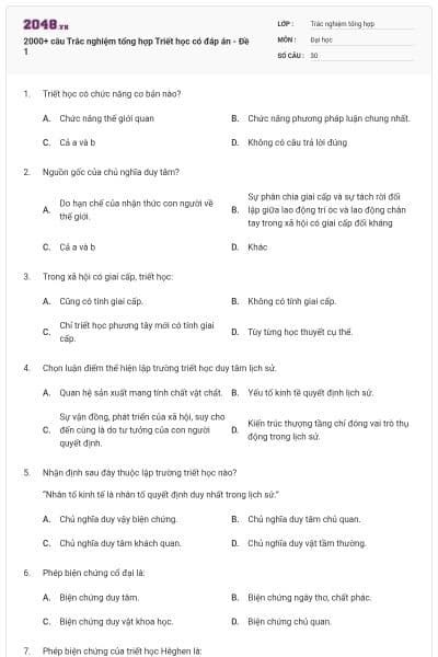 2000+ câu Trắc nghiệm tổng hợp Triết học có đáp án - Đề 1