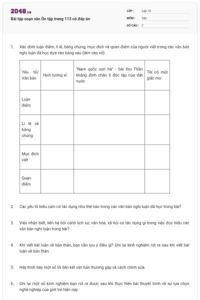 Bài tập soạn văn Ôn tập trang 113 có đáp án