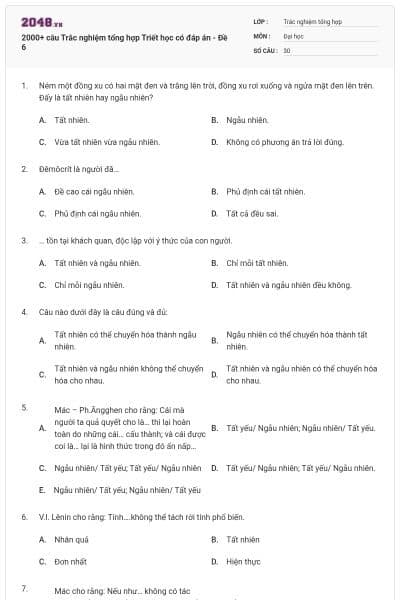 2000+ câu Trắc nghiệm tổng hợp Triết học có đáp án - Đề 6