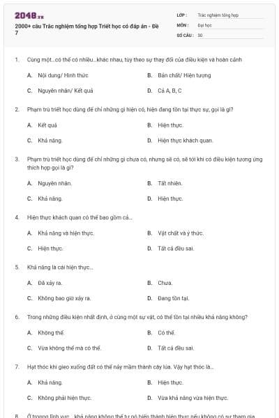2000+ câu Trắc nghiệm tổng hợp Triết học có đáp án - Đề 7
