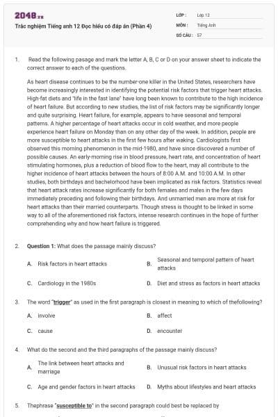 Trắc nghiệm Tiếng anh 12 Đọc hiểu có đáp án (Phần 4)