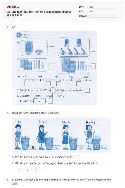 Giải SBT Toán lớp 3 Bài 1. Ôn tập về các số trong phạm vi 1 000 có đáp án