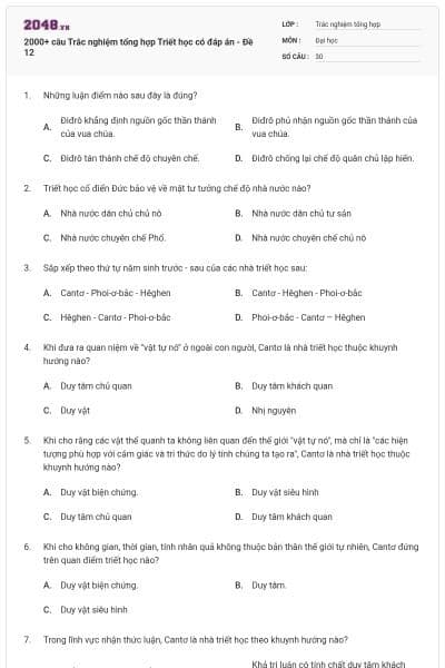 2000+ câu Trắc nghiệm tổng hợp Triết học có đáp án - Đề 12