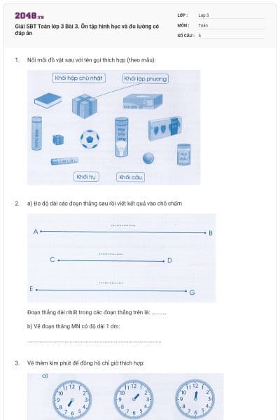 Giải SBT Toán lớp 3 Bài 3. Ôn tập hình học và đo lường có đáp án