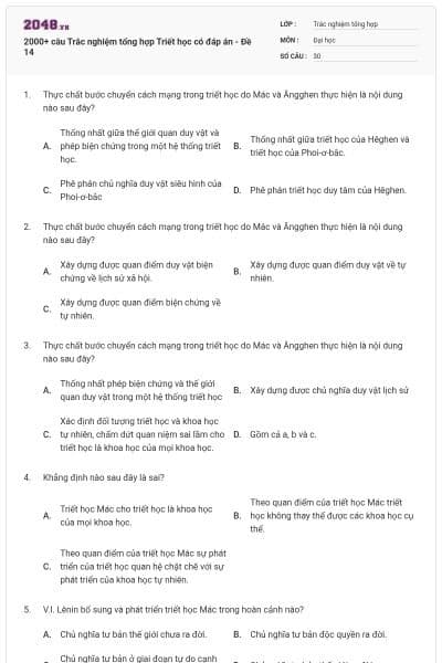 2000+ câu Trắc nghiệm tổng hợp Triết học có đáp án - Đề 14