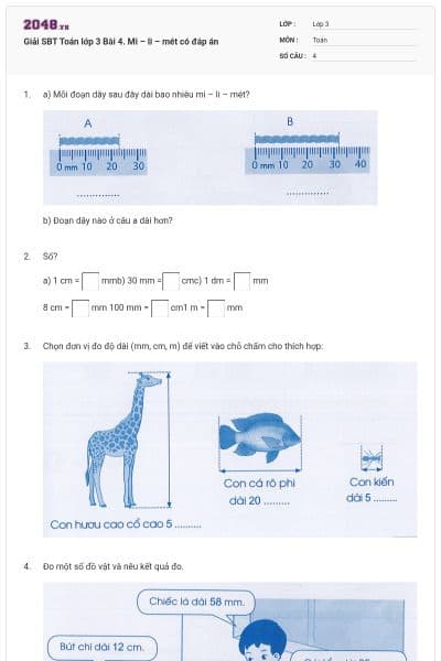 Giải SBT Toán lớp 3 Bài 4. Mi – li – mét có đáp án