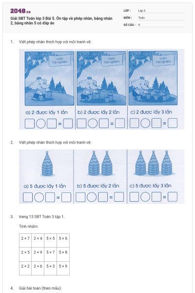 Giải SBT Toán lớp 3 Bài 5. Ôn tập về phép nhân, bảng nhân 2, bảng nhân 5 có đáp án
