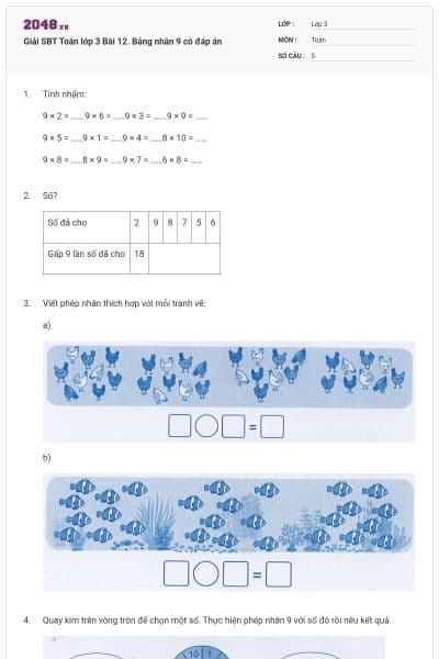 Giải SBT Toán lớp 3 Bài 12. Bảng nhân 9 có đáp án