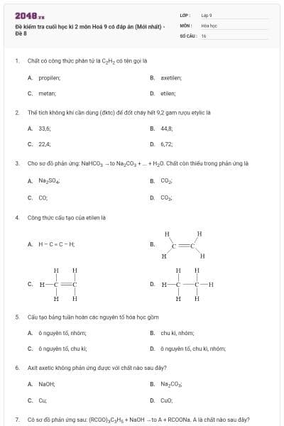 Đề kiểm tra cuối học kì 2 môn Hoá 9 có đáp án (Mới nhất) - Đề 8