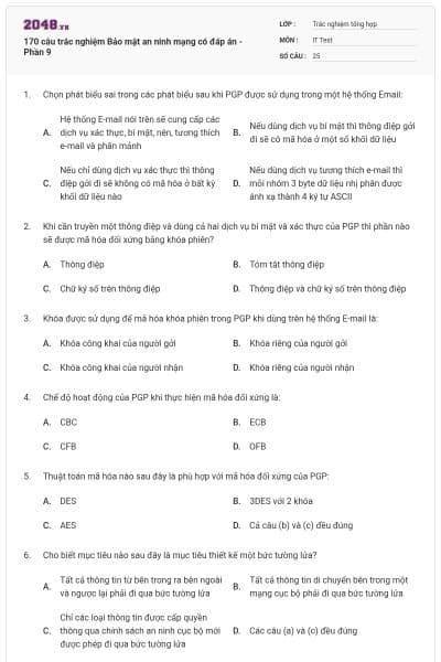170 câu trắc nghiệm Bảo mật an ninh mạng có đáp án - Phần 9
