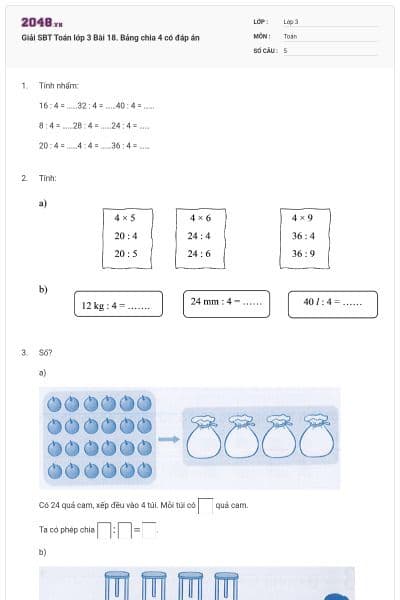 Giải SBT Toán lớp 3 Bài 18. Bảng chia 4 có đáp án