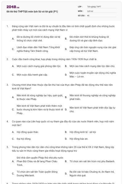 Đề thi thử THPTQG môn lịch Sử có lời giải (P1)