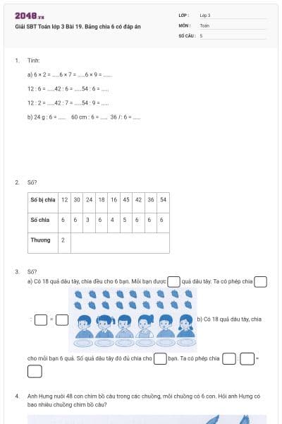 Giải SBT Toán lớp 3 Bài 19. Bảng chia 6 có đáp án