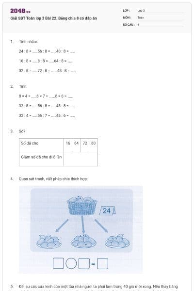 Giải SBT Toán lớp 3 Bài 22. Bảng chia 8 có đáp án