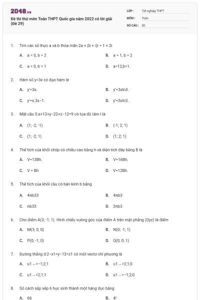 Đề thi thử môn Toán THPT Quốc gia năm 2022 có lời giải (Đề 29)