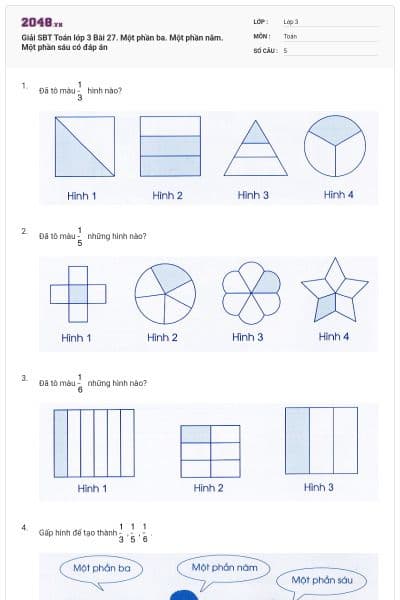 Giải SBT Toán lớp 3 Bài 27. Một phần ba. Một phần năm. Một phần sáu có đáp án