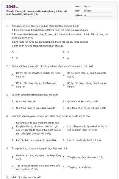 Chuyên đề chuyển hóa vật chất và năng lượng ở thực vật mức độ cơ bản, nâng cao (P6)