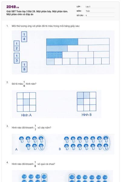 Giải SBT Toán lớp 3 Bài 28. Một phần bảy. Một phần tám. Một phần chín có đáp án
