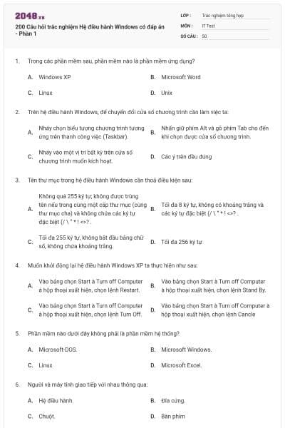 200 Câu hỏi trắc nghiệm Hệ điều hành Windows có đáp án - Phần 1