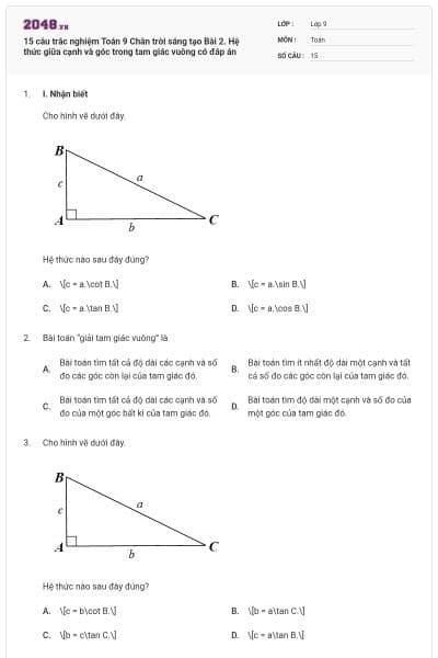15 câu trắc nghiệm Toán 9 Chân trời sáng tạo Bài 2. Hệ thức giữa cạnh và góc trong tam giác vuông có đáp án