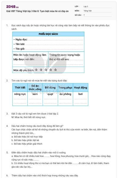 Giải VBT Tiếng Việt lớp 3 Bài 8: Tạm biệt mùa hè có đáp án