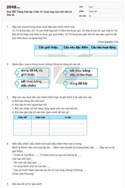 Giải VBT Tiếng Việt lớp 3 Bài 14: Cuộc họp của chữ viết có đáp án