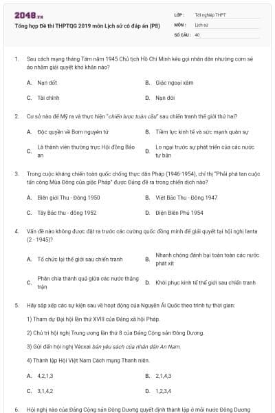 Tổng hợp Đề thi THPTQG 2019 môn Lịch sử có đáp án (P8)