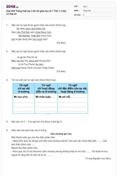 Giải VBT Tiếng Việt lớp 3 Ôn thi giữa học kì 1 Tiết 1-2 Đội có đáp án