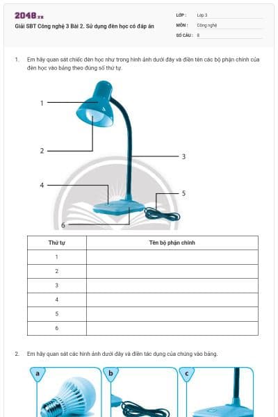 Giải SBT Công nghệ 3 Bài 2. Sử dụng đèn học có đáp án