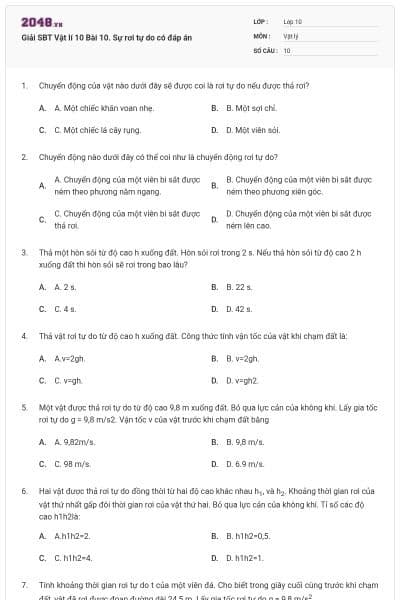 Giải SBT Vật lí 10 Bài 10. Sự rơi tự do có đáp án