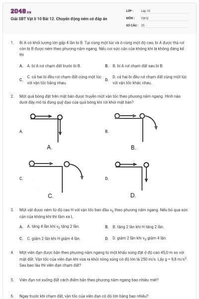 Giải SBT Vật lí 10 Bài 12. Chuyển động ném có đáp án
