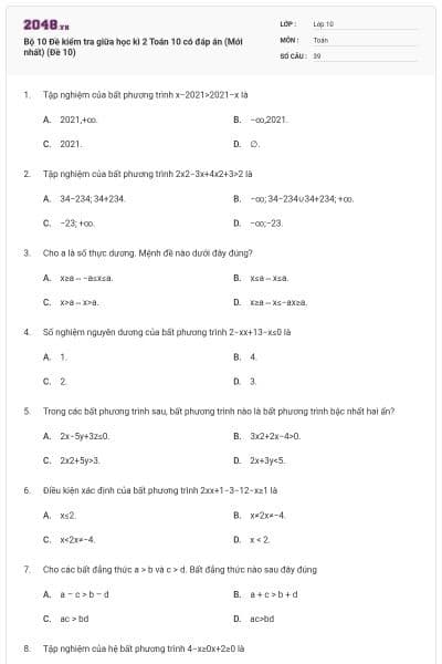Bộ 10 Đề kiểm tra giữa học kì 2 Toán 10 có đáp án (Mới nhất) (Đề 10)