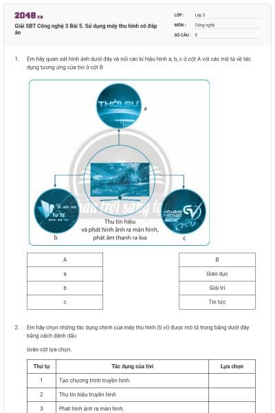 Giải SBT Công nghệ 3 Bài 5. Sử dụng máy thu hình có đáp án